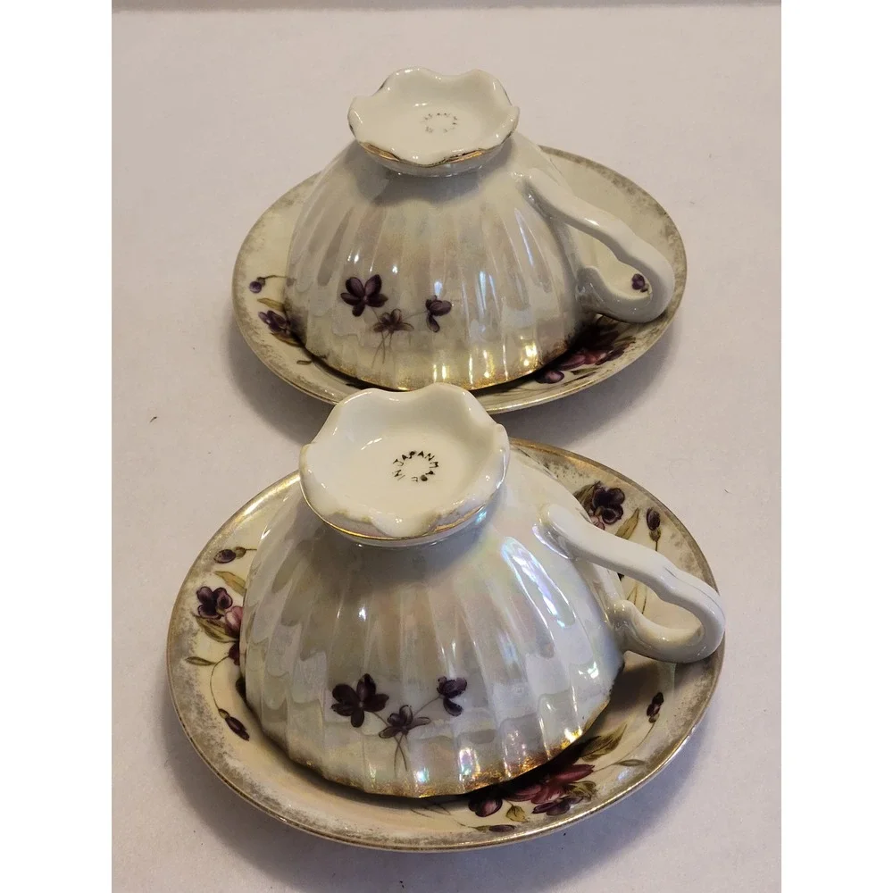 Vtg‎ Lusterware Tea Cup Saucer Set Purple Floral Gold Trim Porcelain Japan 2pc